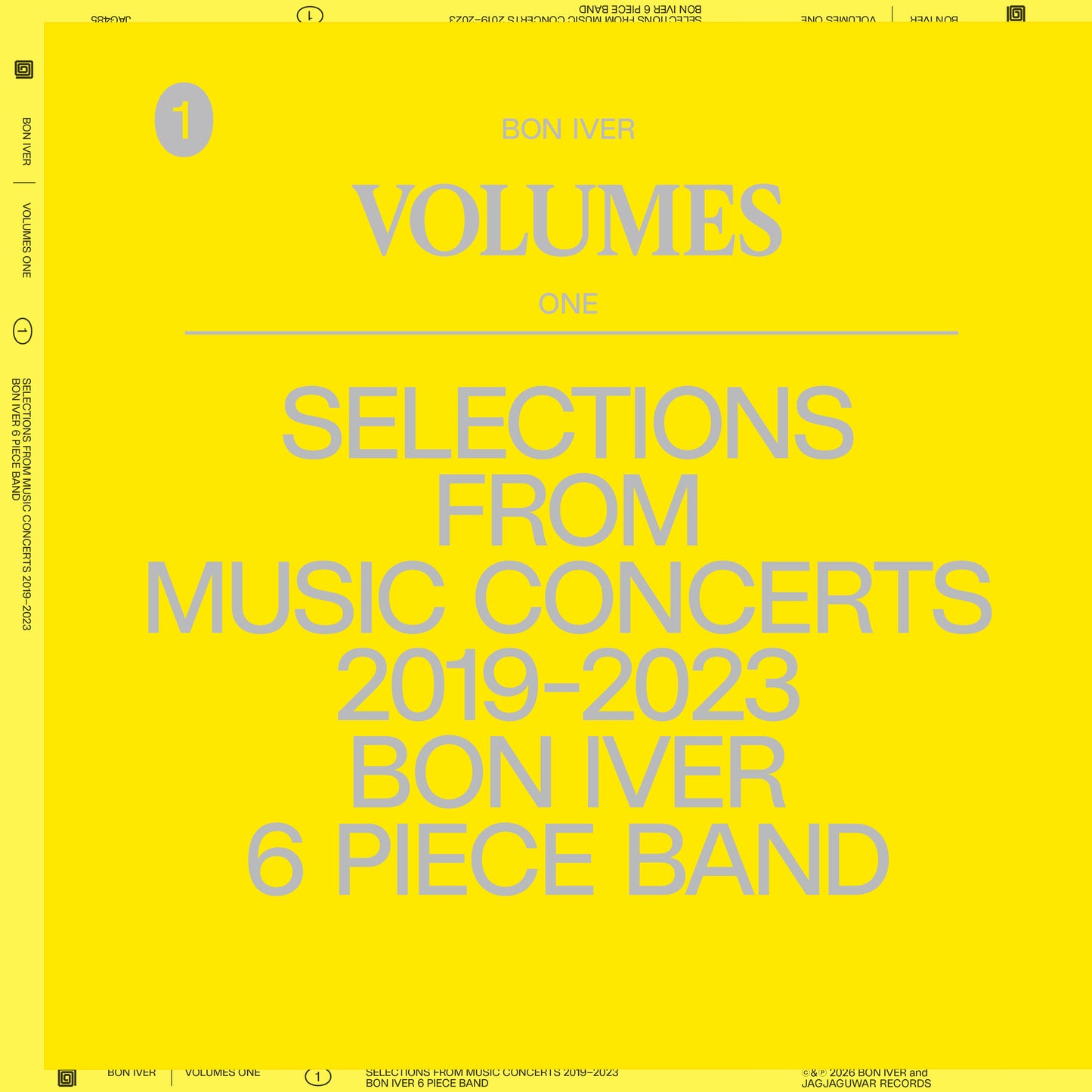 Bon Iver “VOLUMES: ONE” CD cover, yellow background with white text.