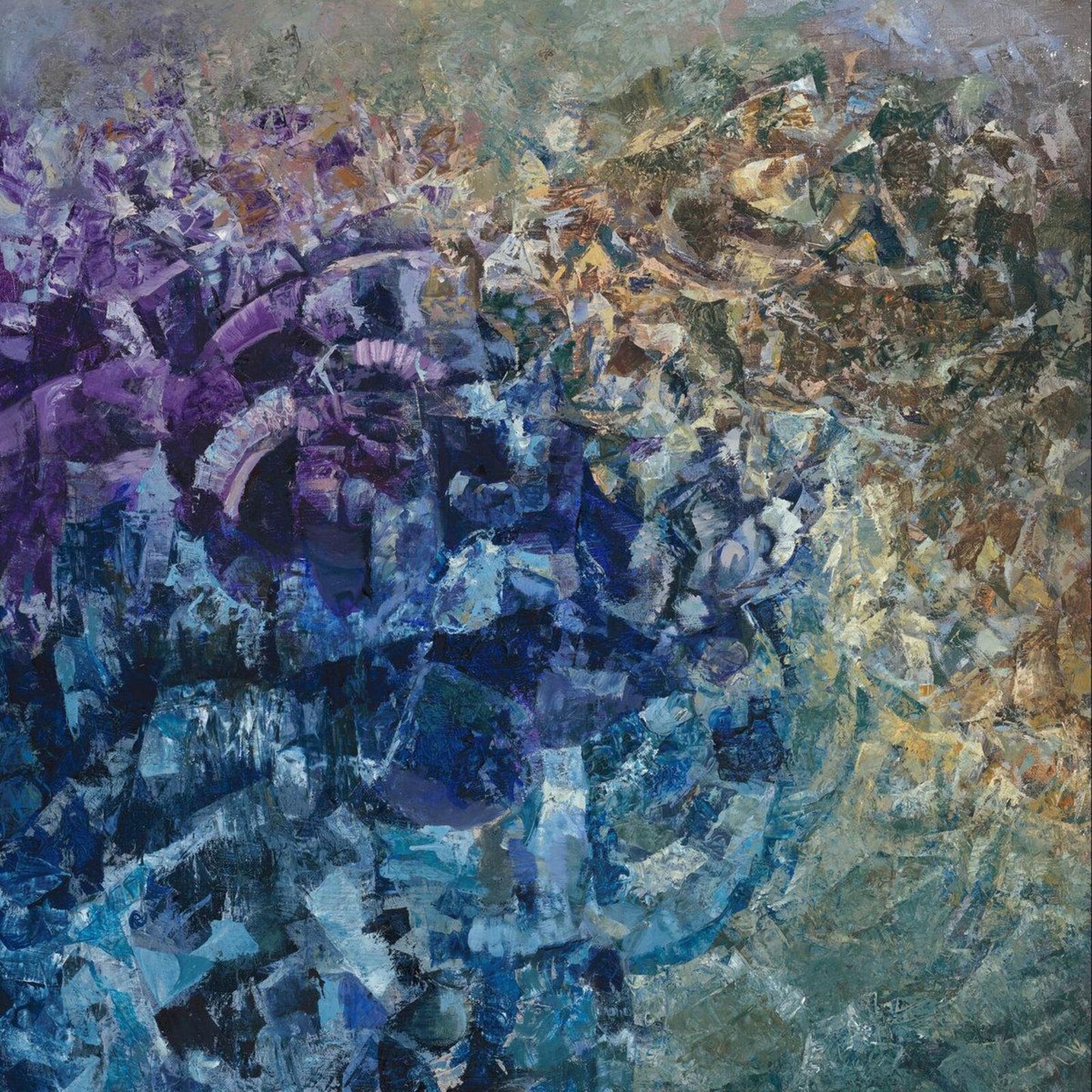 Abstract painting with swirling blues, purples, and browns; textured surface.