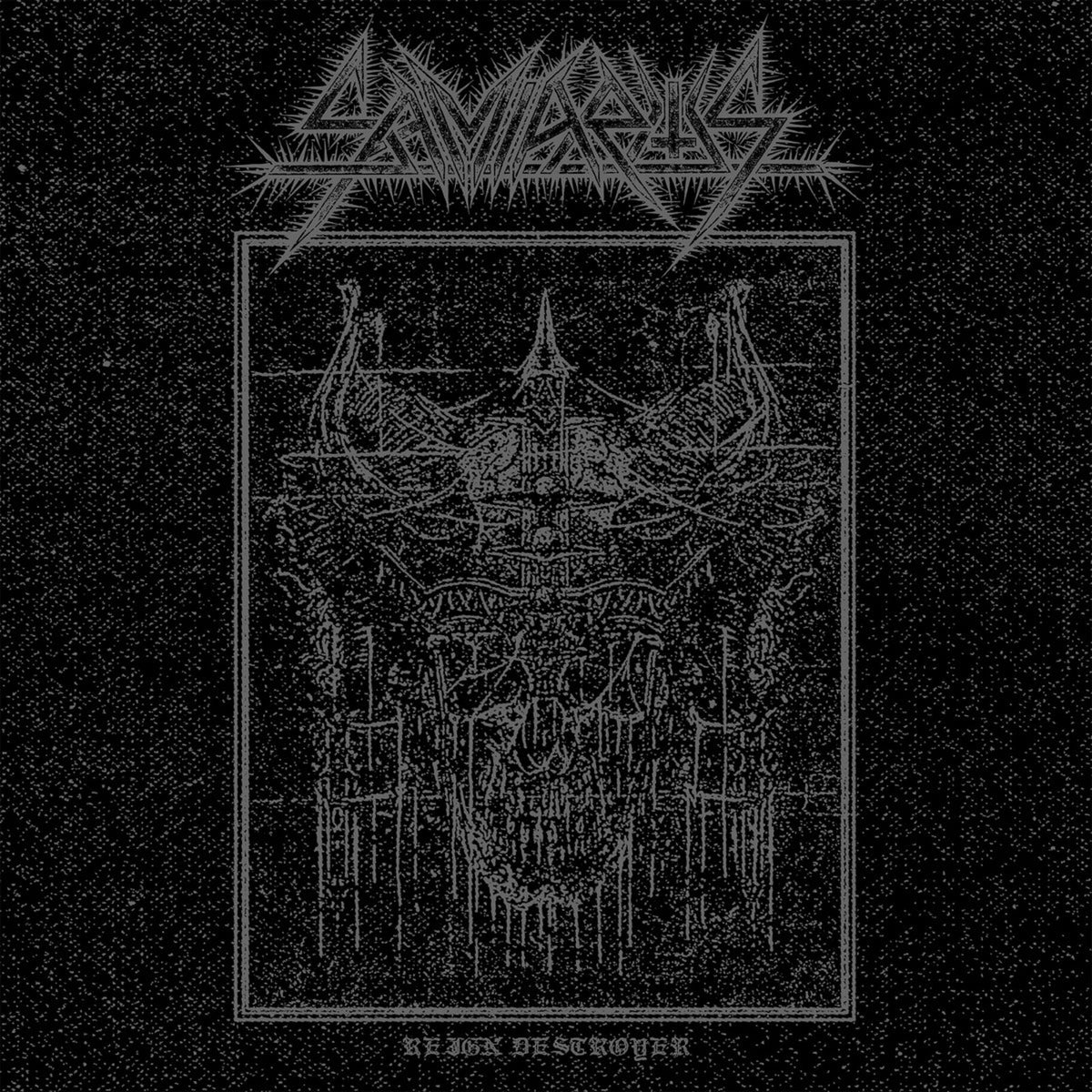 Black and white album cover with gothic architecture and band logo.