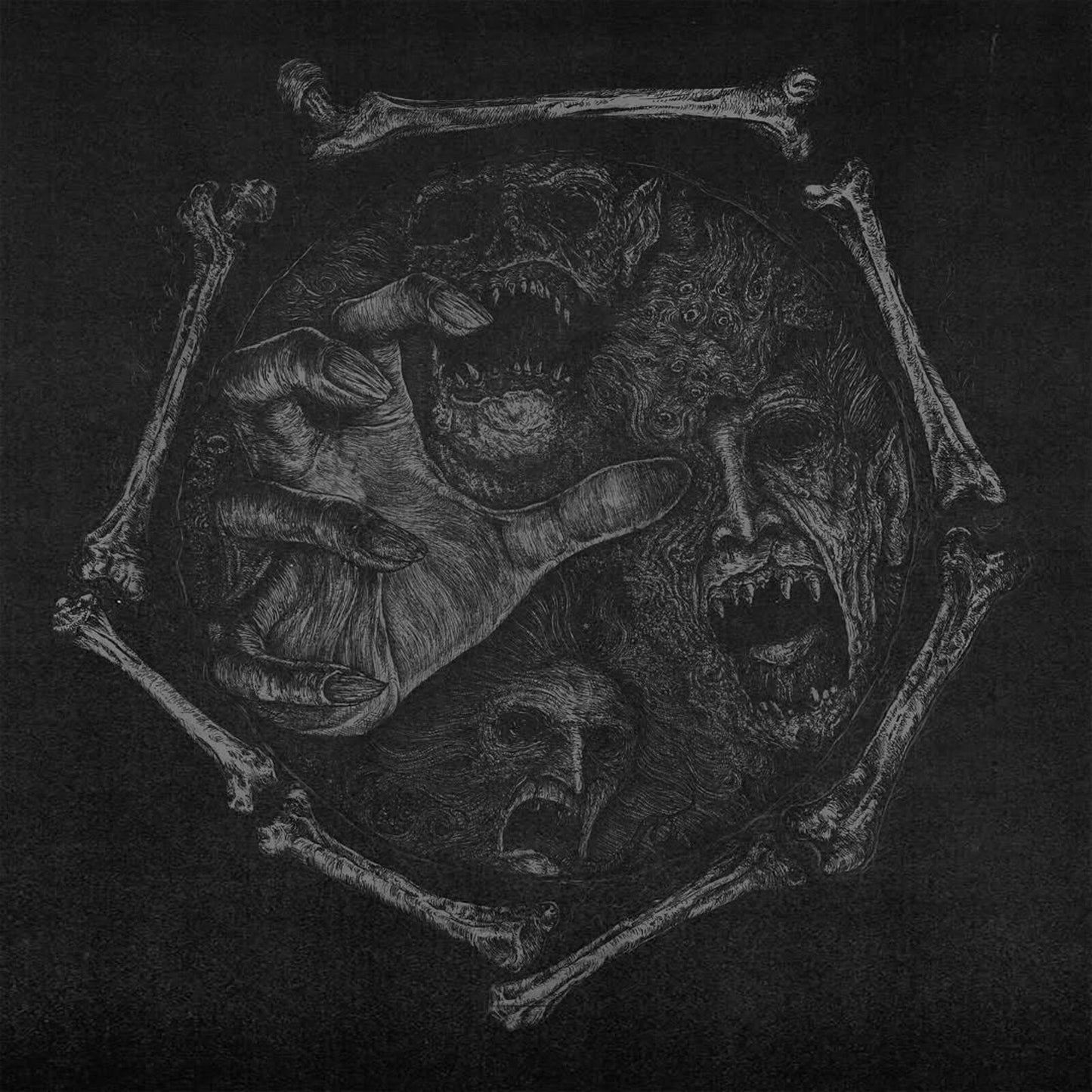 Black and white sketch of faces and bones in a circular frame.
