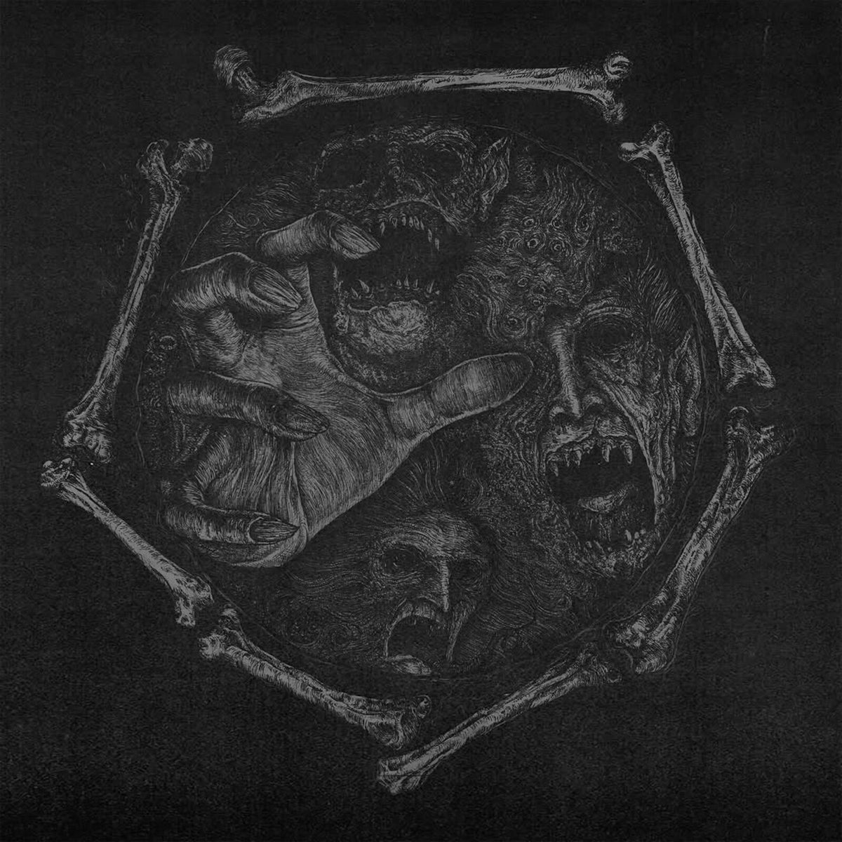 Dark, detailed illustration of faces and a hand within a bone frame.
