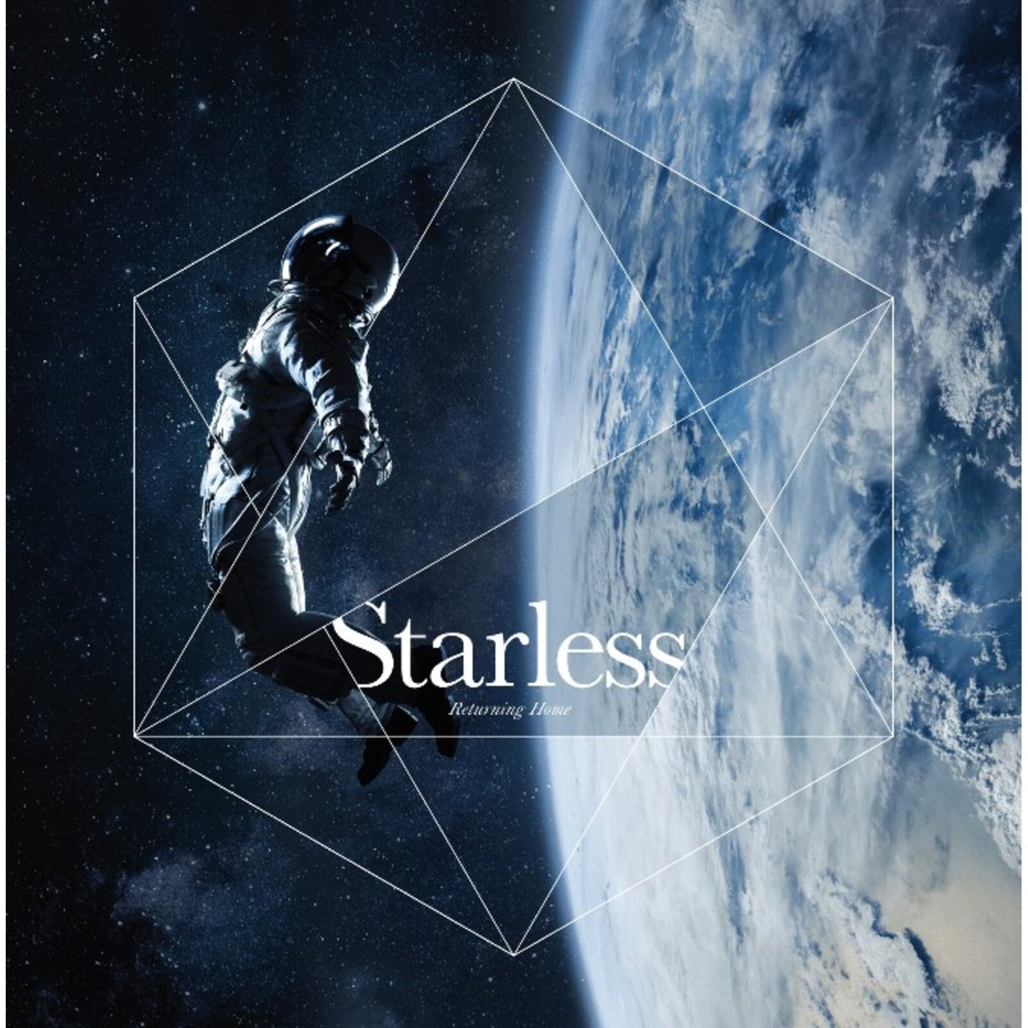 Astronaut falling toward Earth, with geometric lines and album title "Starless".