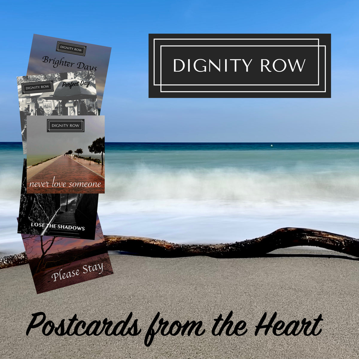 Vinyl record postcards leaning against sand and ocean waves.