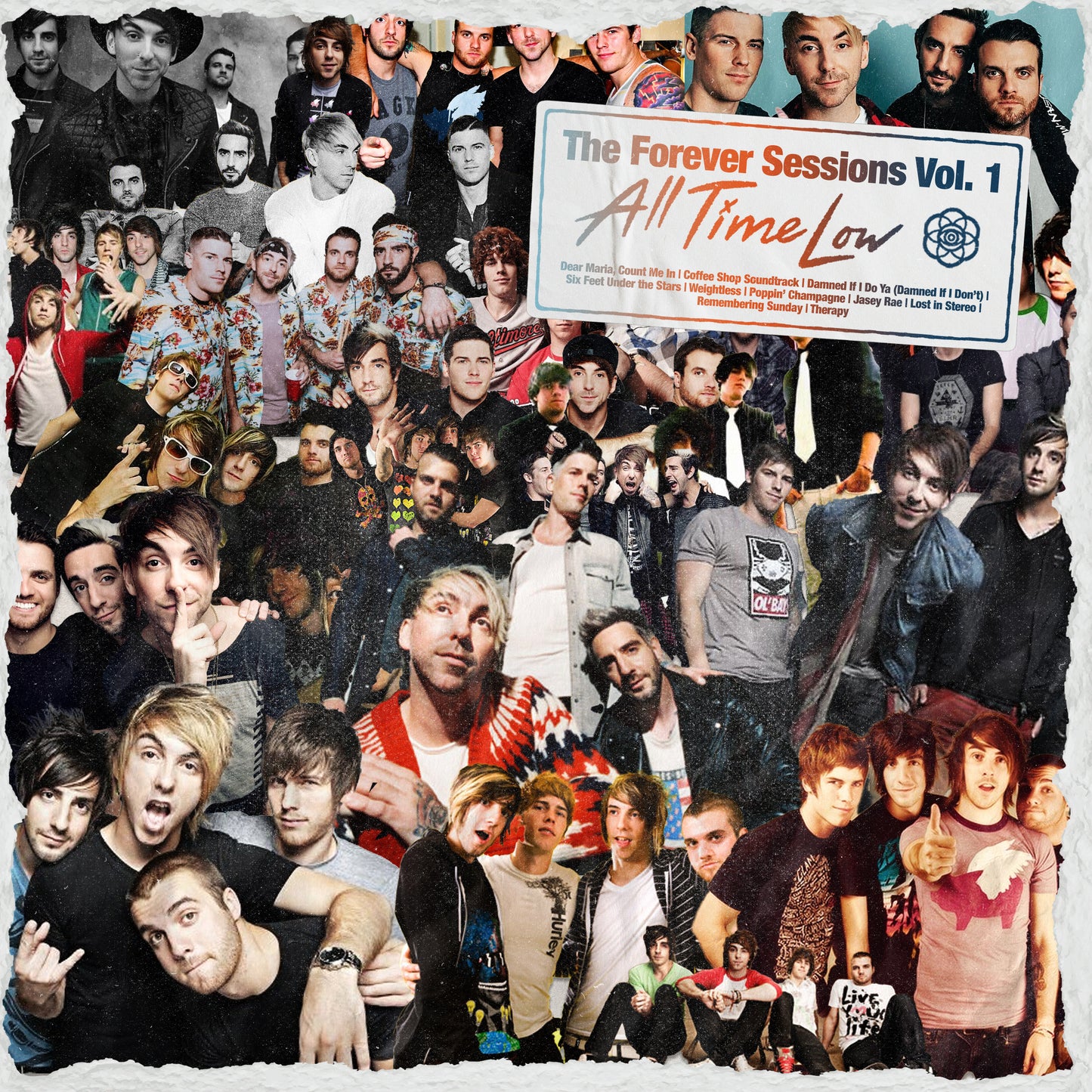 Album cover for All Time Low’s “The Forever Sessions Vol. 1” vinyl, collage of faces.