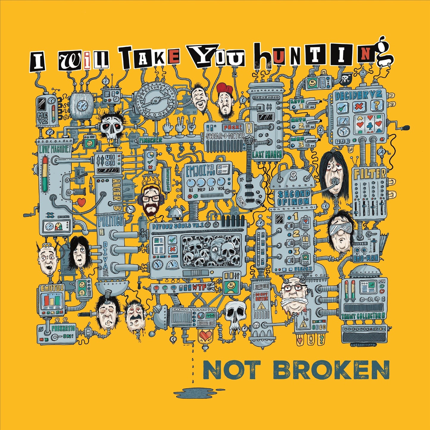 Yellow vinyl record cover with detailed mechanical illustration and portraits.