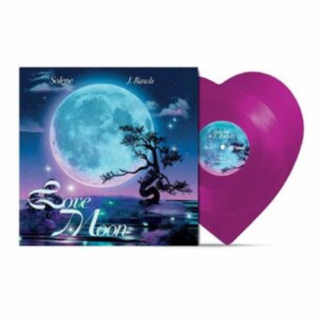 Pink heart-shaped vinyl record with moonlit landscape album cover.