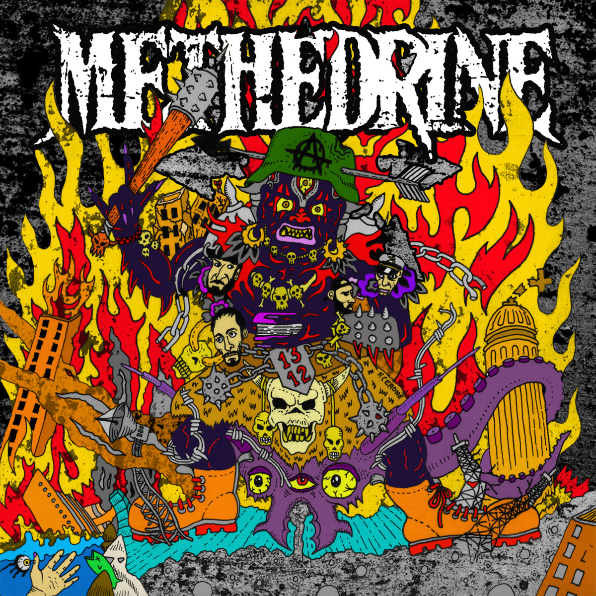 CD cover: chaotic, colorful illustration with skulls, flames, and distorted figures.
