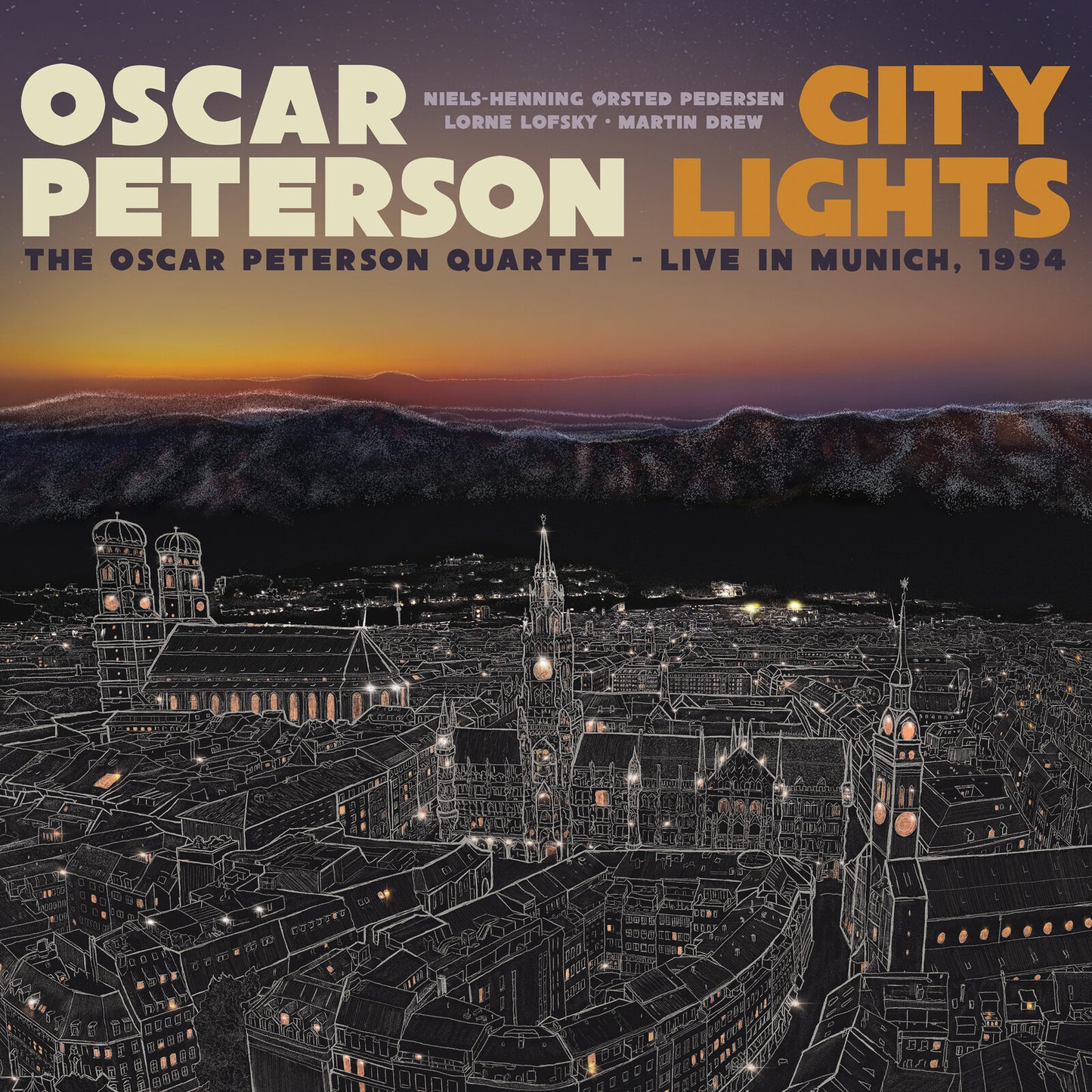 CD cover for Oscar Peterson’s “City Lights” with a sketched cityscape.