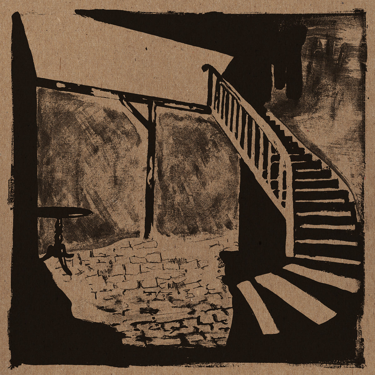 Monochrome illustration of stairs and a porch, album cover for M. Ward.