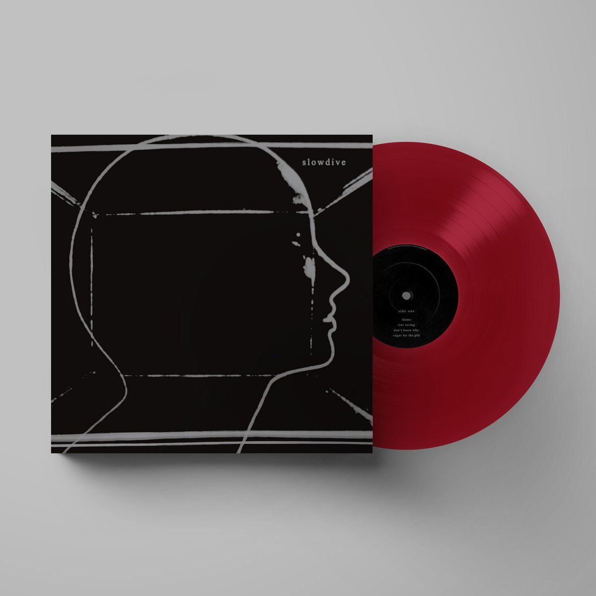 Red vinyl LP of Slowdive’s self-titled album with white line art cover.