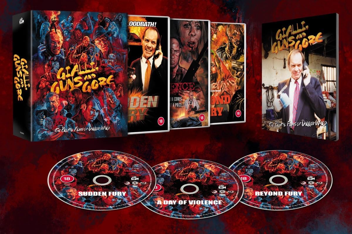 Blu-ray case featuring graphic imagery and a man in a suit, with three discs.