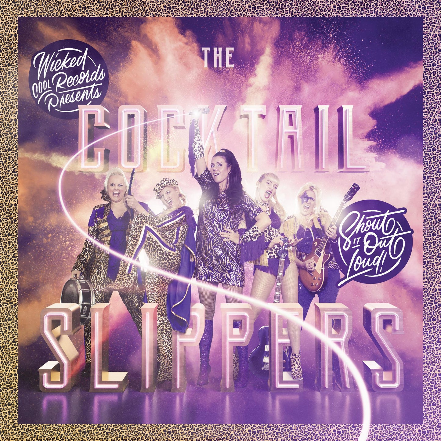 Album cover featuring a band and cocktail glasses on a leopard print background.