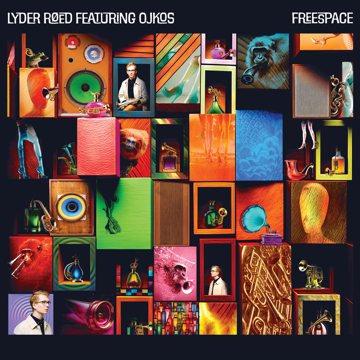 CD cover with a collage of colorful objects and portrait images.