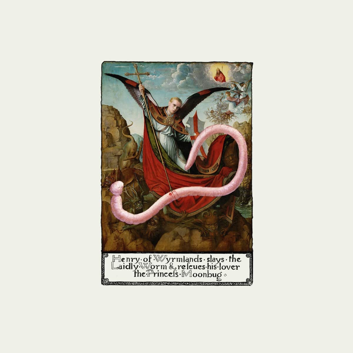 CD cover art: knight with sword fighting a pink worm, Renaissance style.