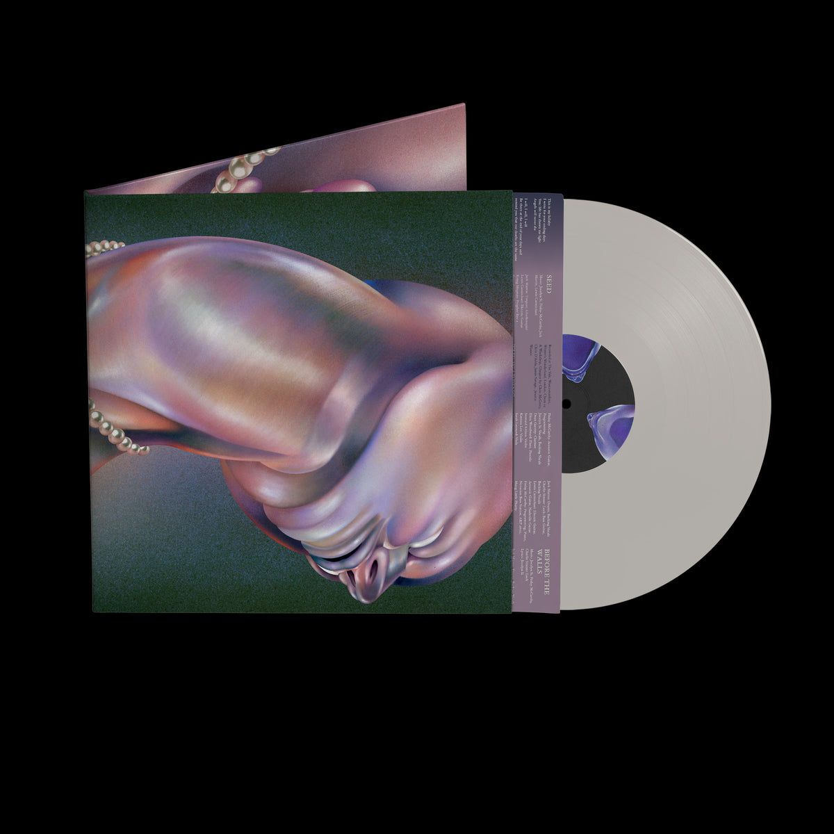 Pearl-colored vinyl record with abstract, flowing pink and blue design.