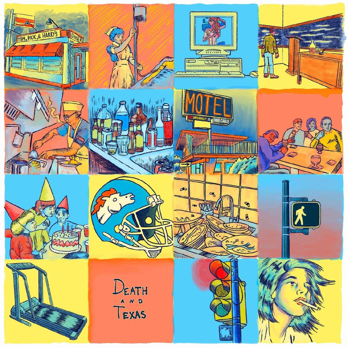 Vinyl album cover: collage of colorful, illustrative scenes with text "Death And Texas".