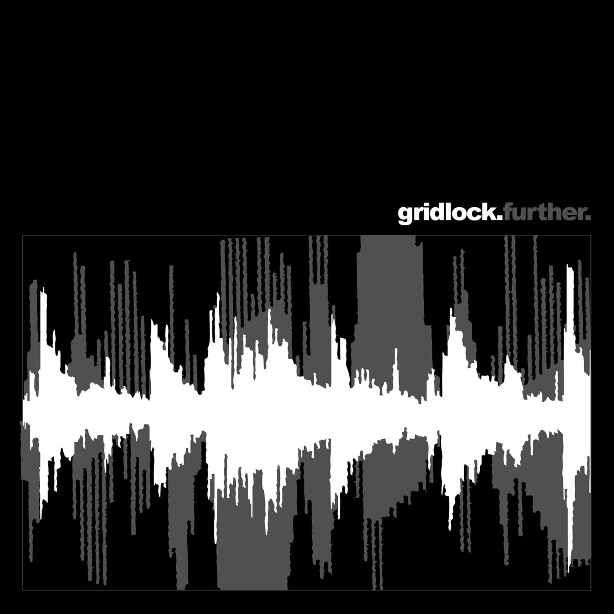 Vinyl record cover with grayscale waveform and "gridlock.further" text.
