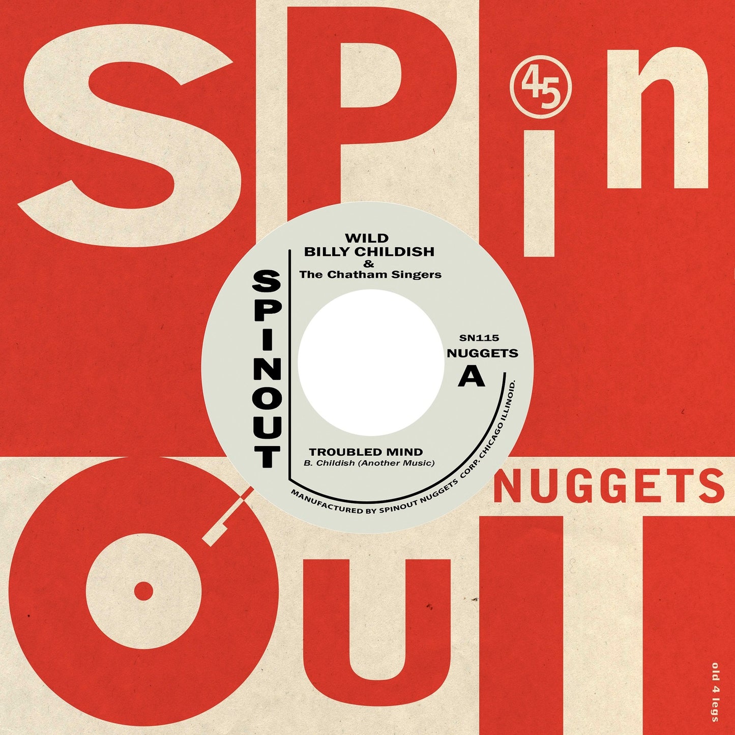 Vinyl record label with bold typography, red and tan color scheme.