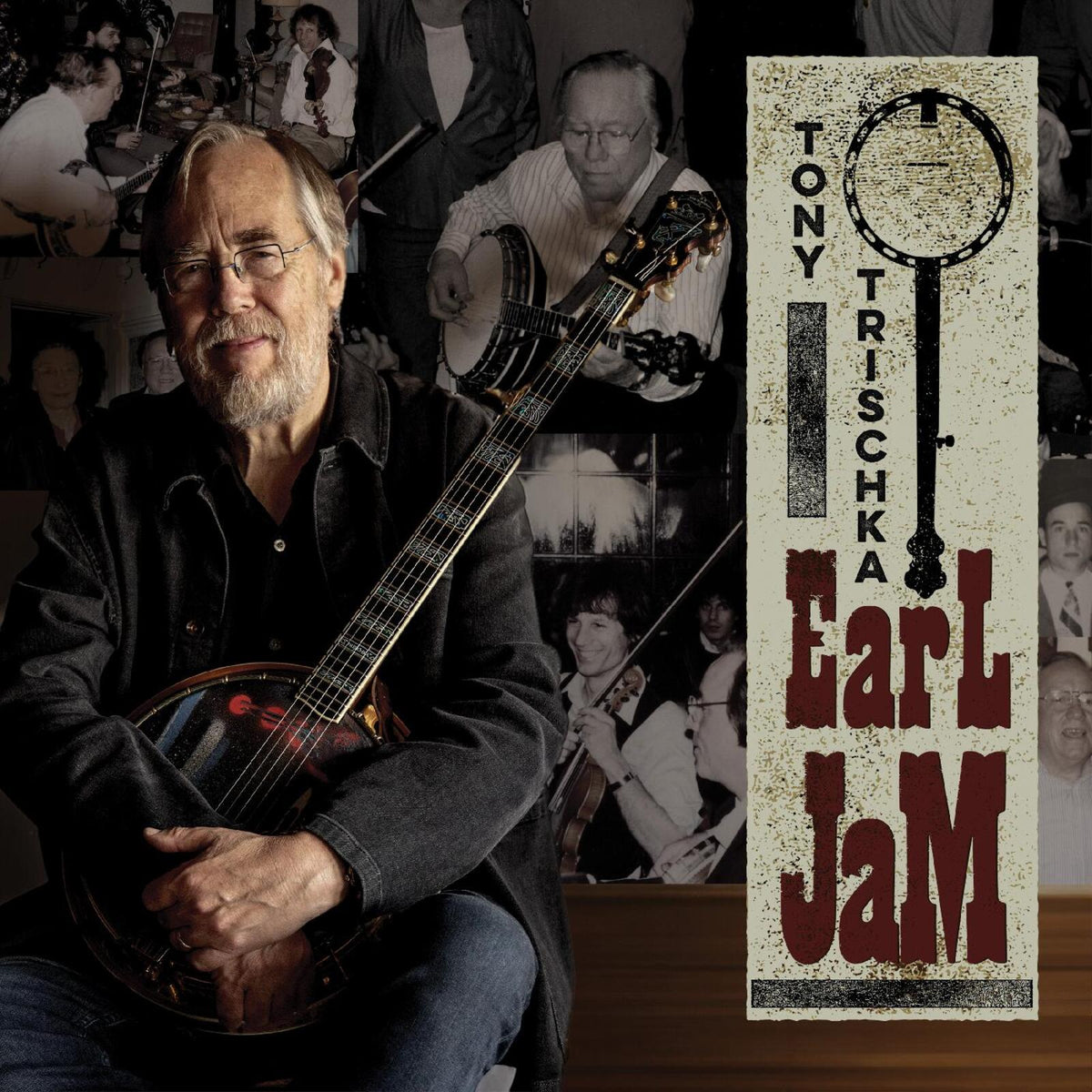 Tony Trischka album cover featuring a banjo player and vintage photos.