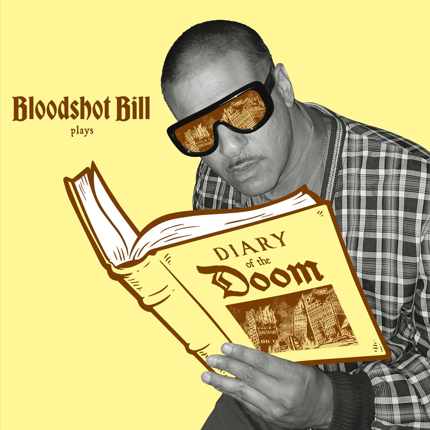 Man with sunglasses reading a large, illustrated book titled "Diary of the Doom".