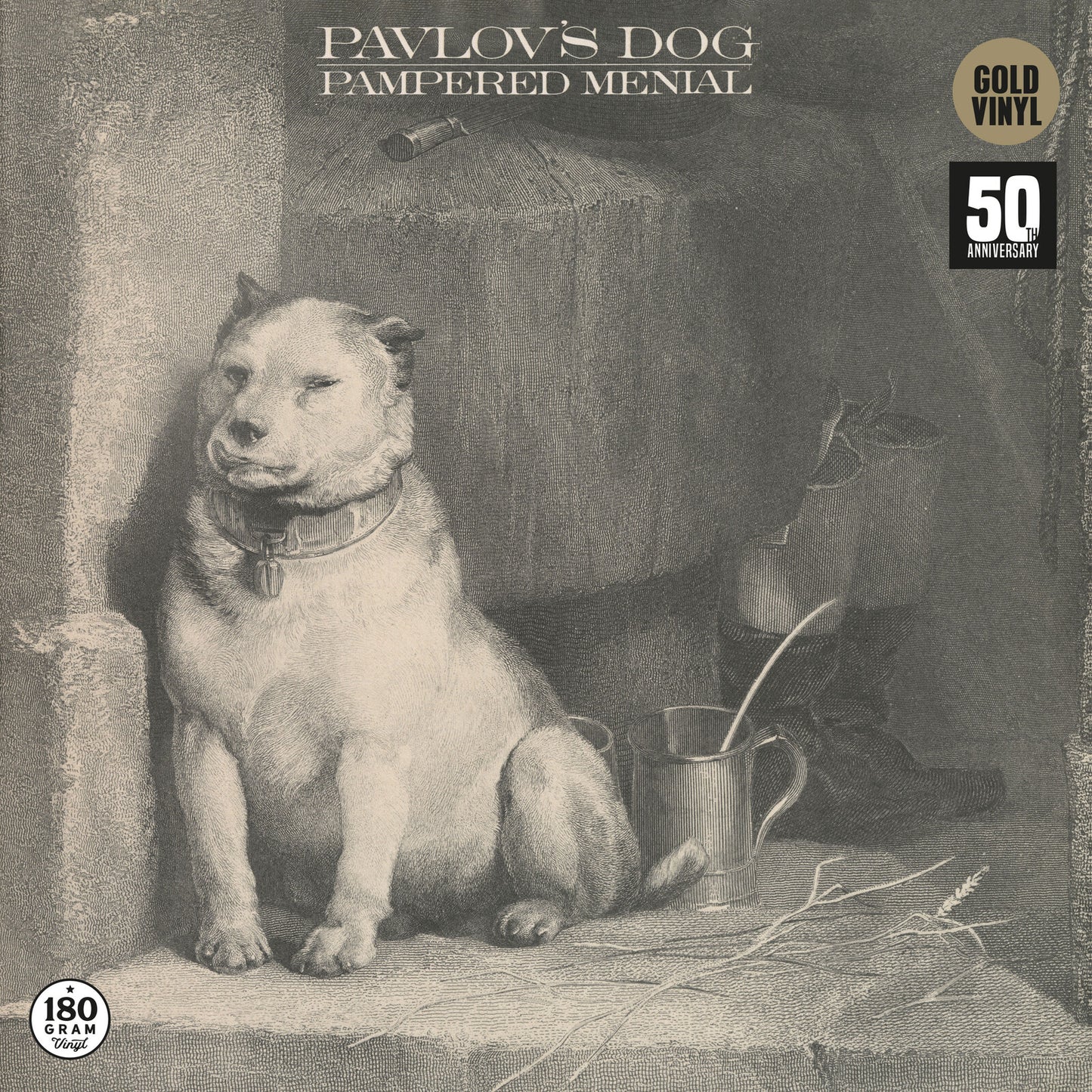 Vintage album cover featuring a dog with a collar and still life objects.