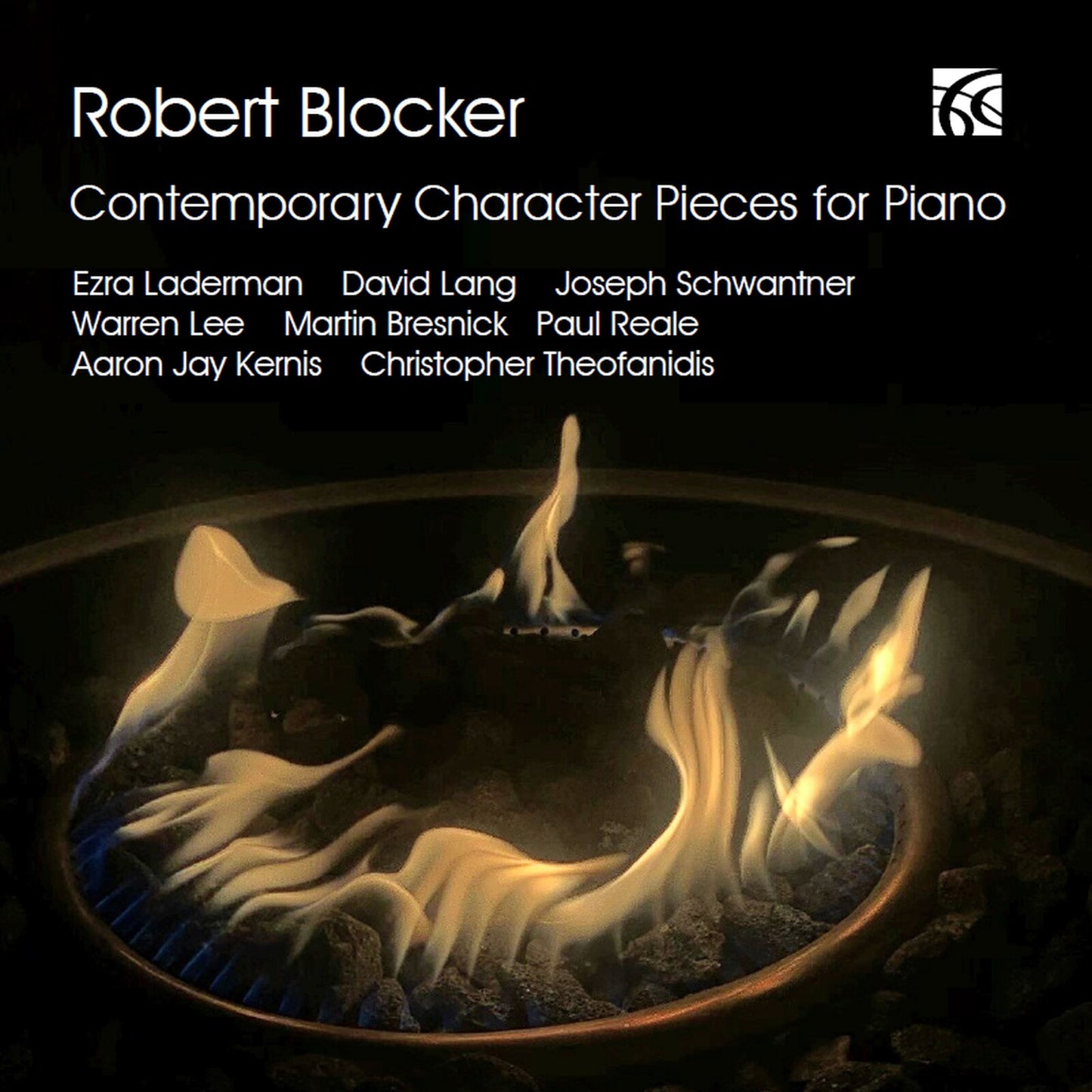 CD cover: Robert Blocker's piano pieces with a fire pit image.
