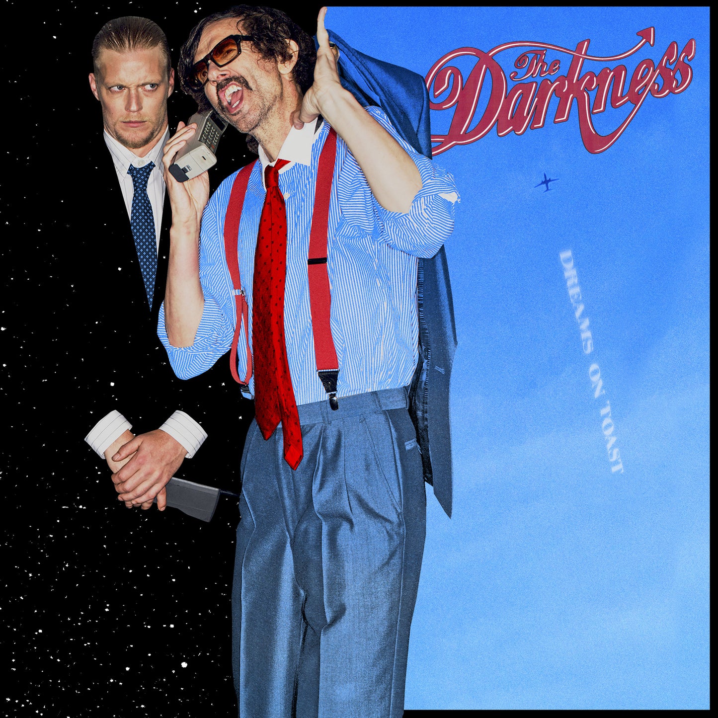 Album cover for “Dreams on Toast” by The Darkness, featuring two men.