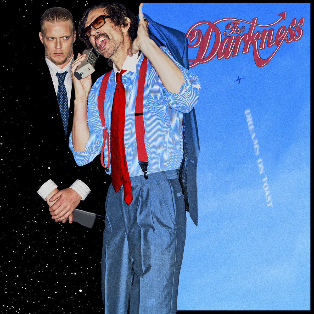 Album cover for “Dreams on Toast” by The Darkness, featuring two men.