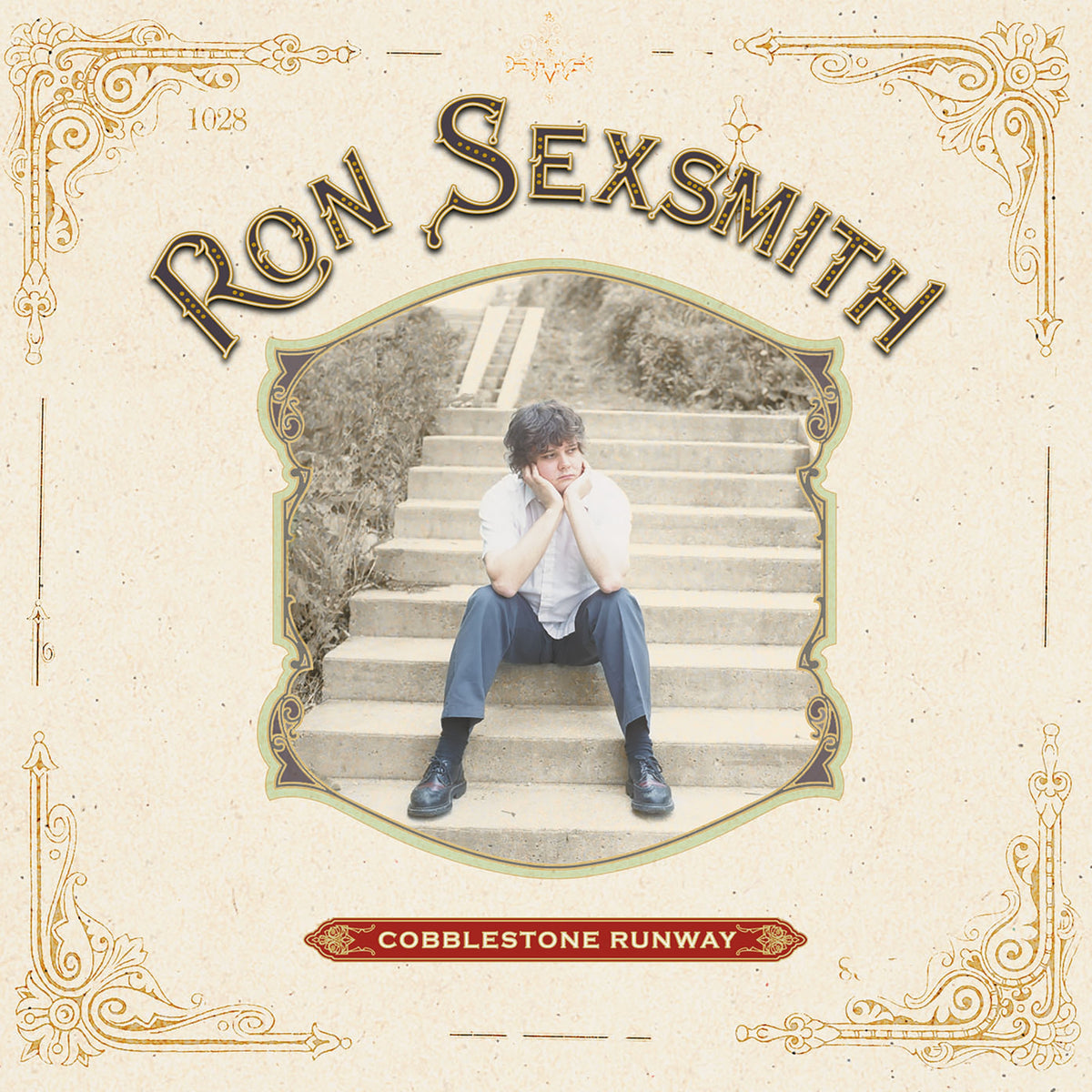 Album cover for Ron Sexsmith’s “Cobblestone Runway” featuring a portrait on stairs.