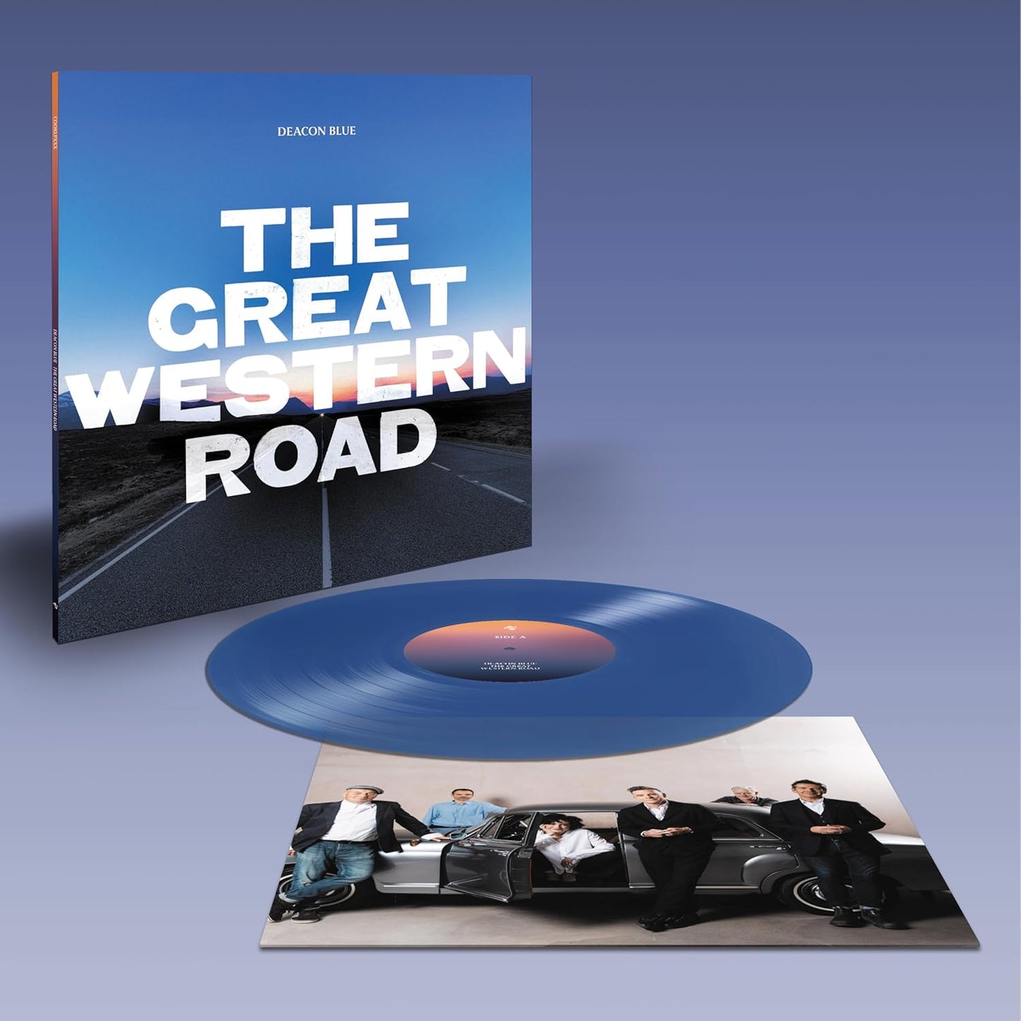 Deacon Blue album cover, transparent blue vinyl record, and band photo.