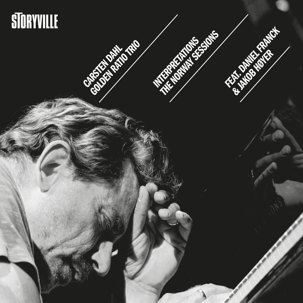 Black and white album cover featuring pianist Carsten Dahl at the piano.