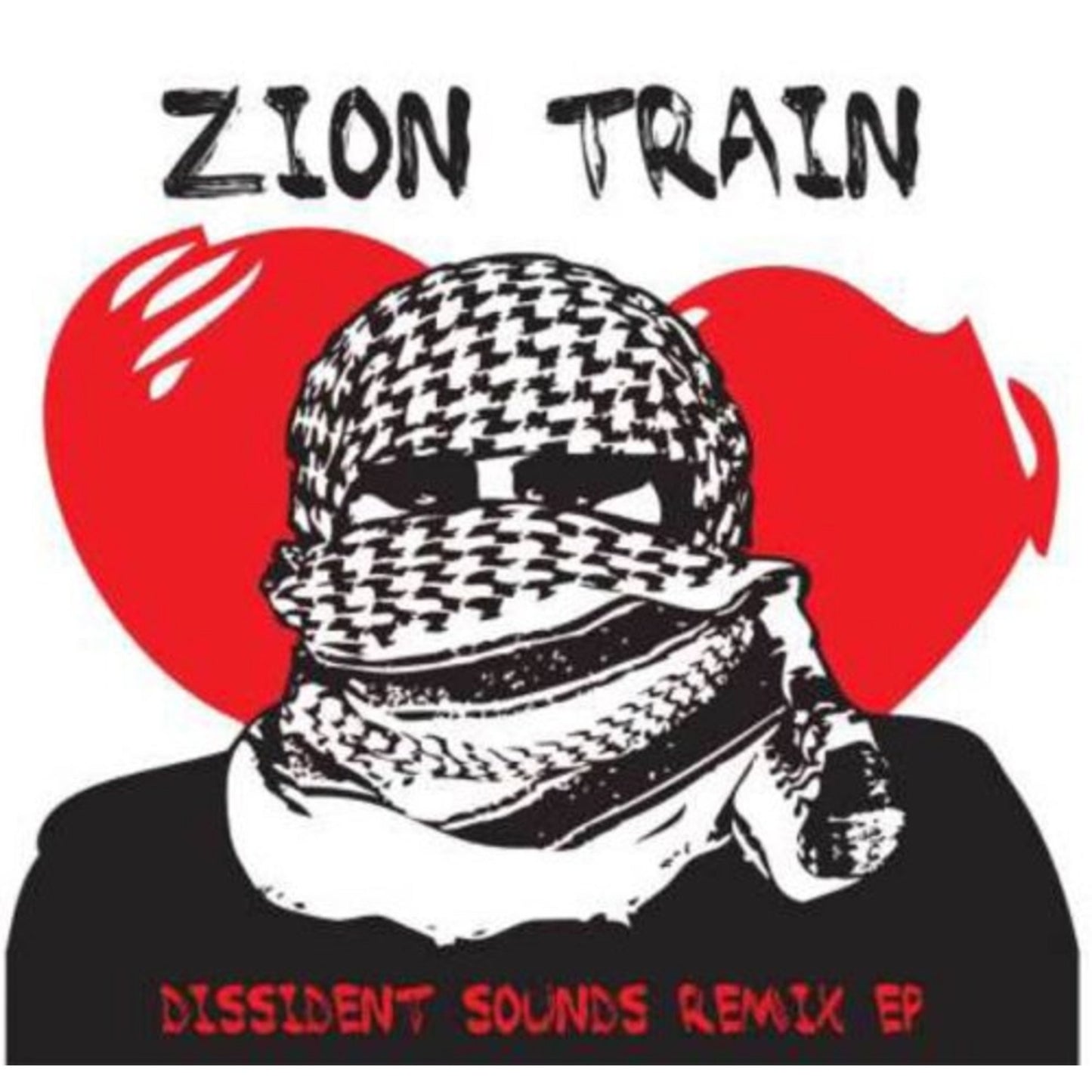 Zion Train album cover: person with keffiyeh against red and black background.