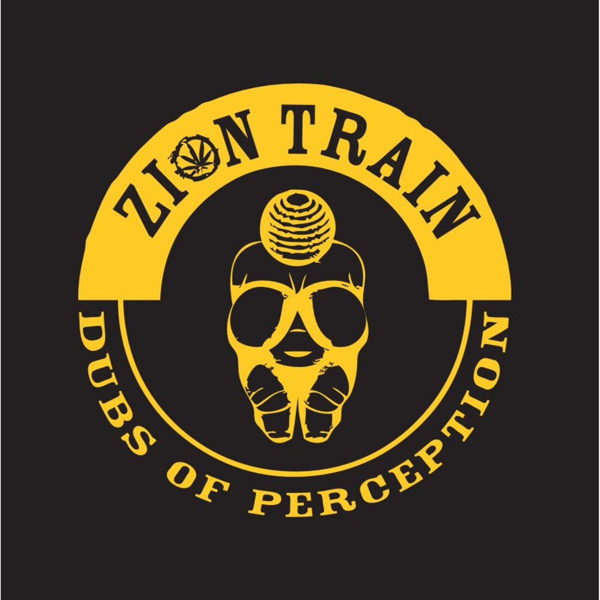 Zion Train album cover: yellow circle with skull and text.