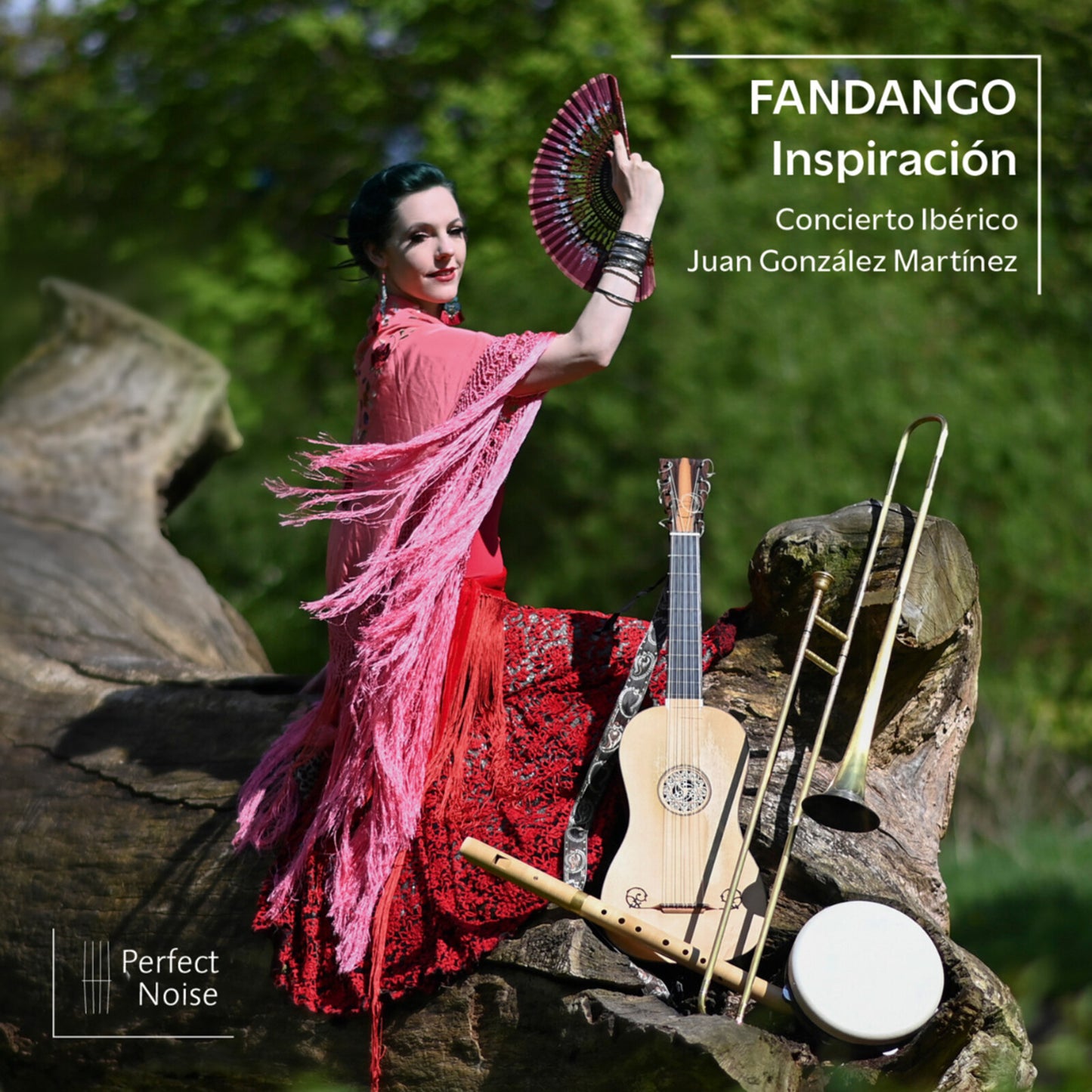 Flamenco dancer with fan, guitar, and brass instruments on rocks.