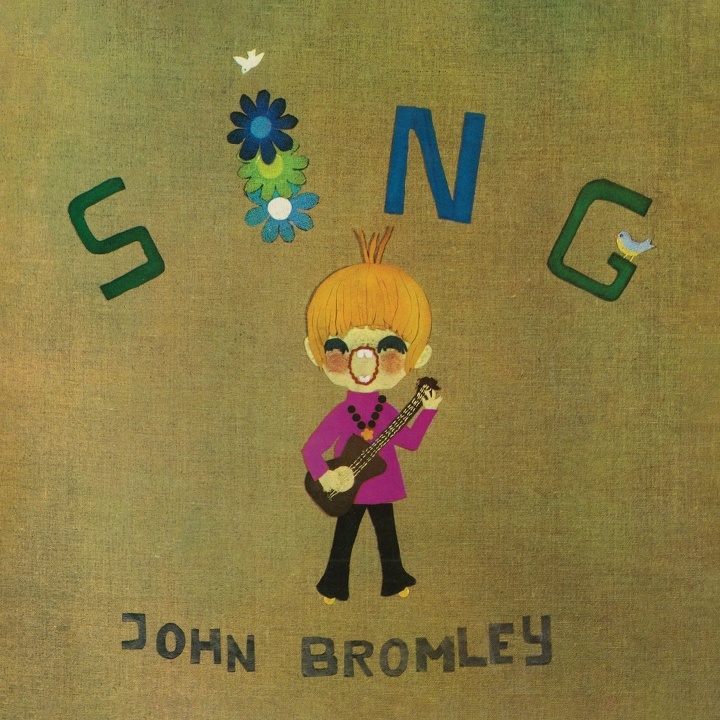 CD cover: illustrated boy with guitar, floral design, and text "Sing" and "John Bromley".