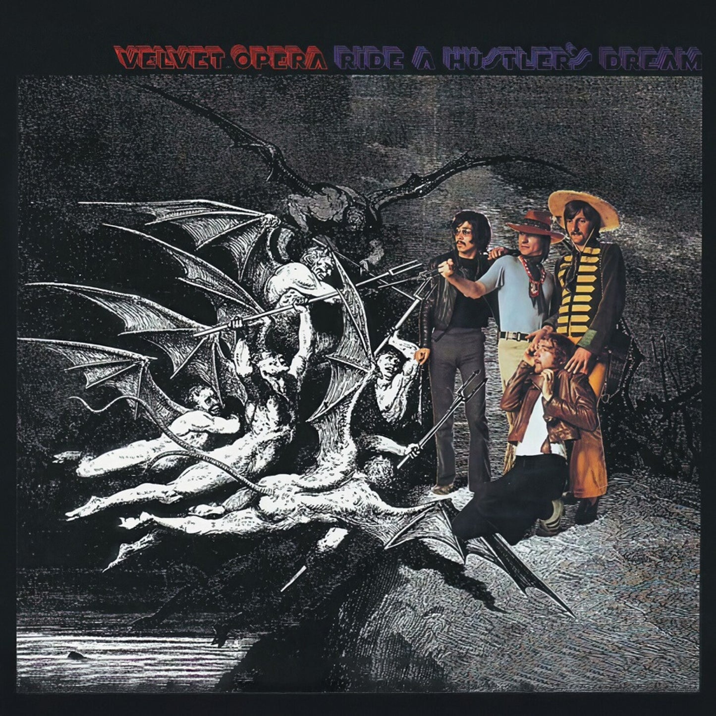Album cover: Velvet Opera, “Ride A Hustler’s Dream”, with figures and dragons.