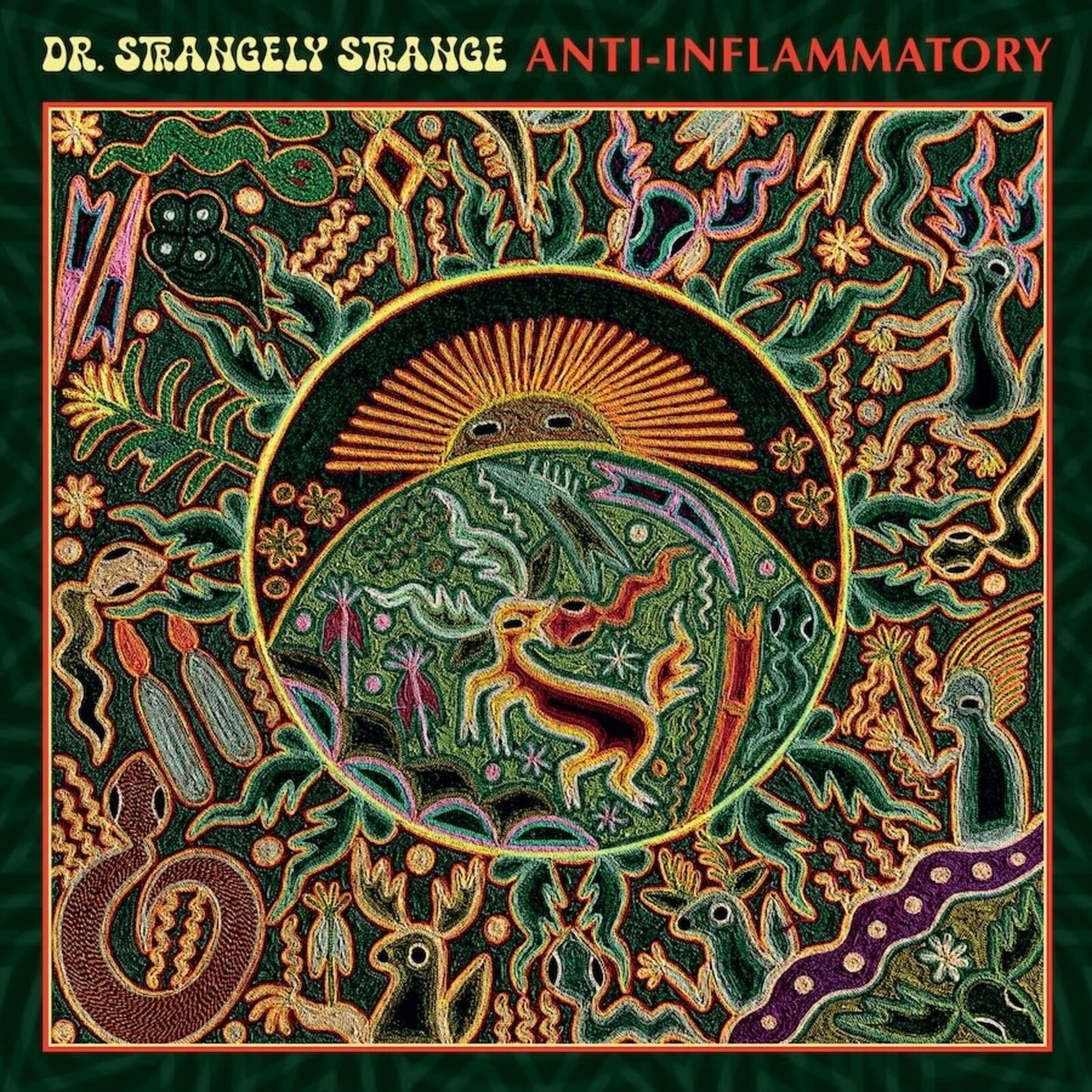 Album cover for Dr. Strangely Strange’s “Anti-inflammatory,” featuring colorful, detailed folk art.
