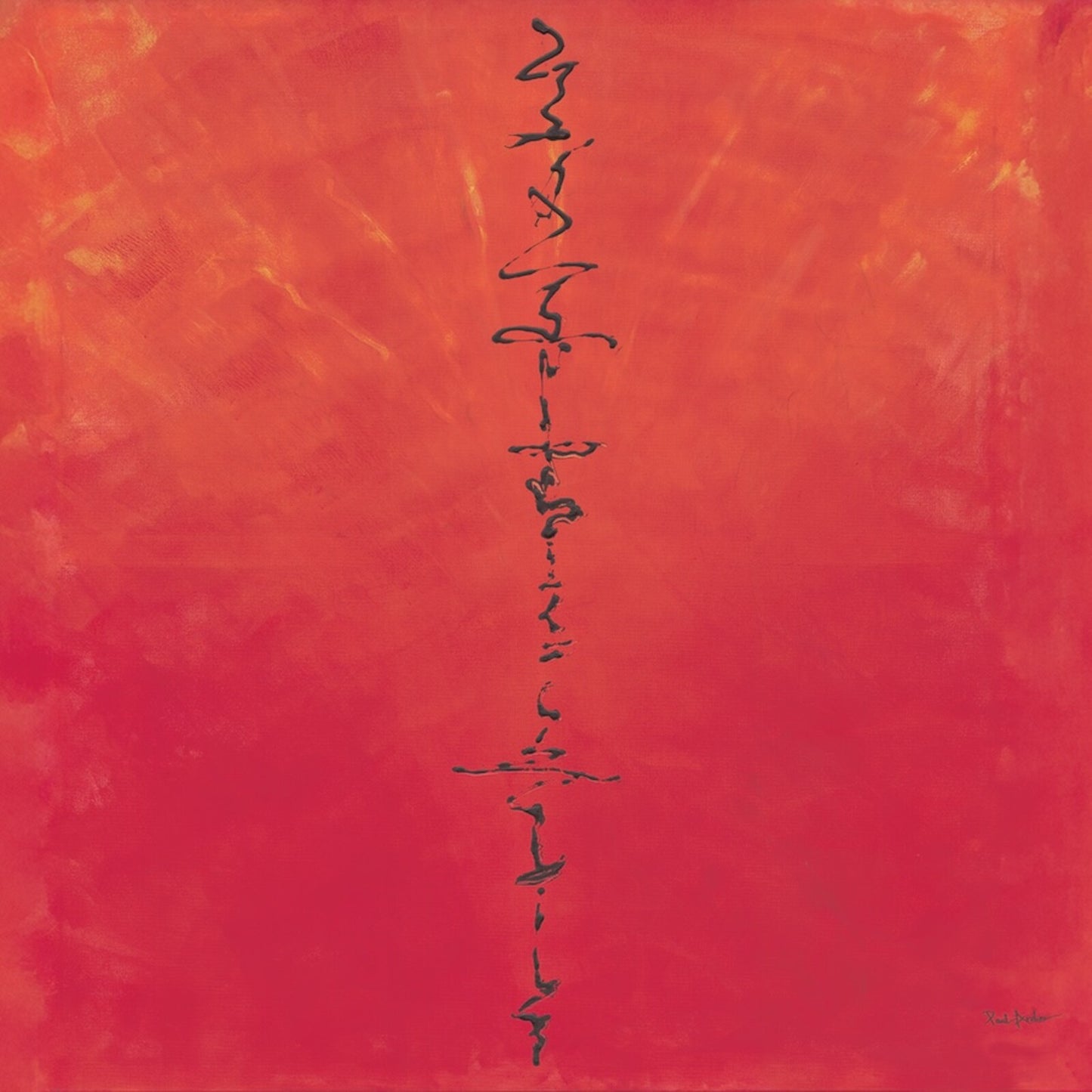 Red and orange abstract painting with a black vertical line of scribbles.