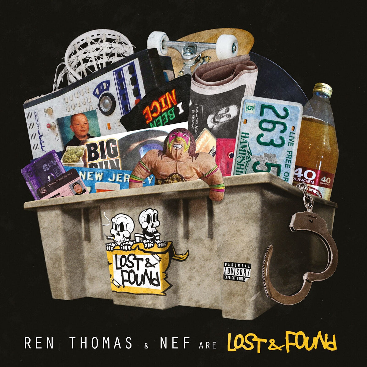 Album cover with scattered objects, including money, a skate deck, and handcuffs.