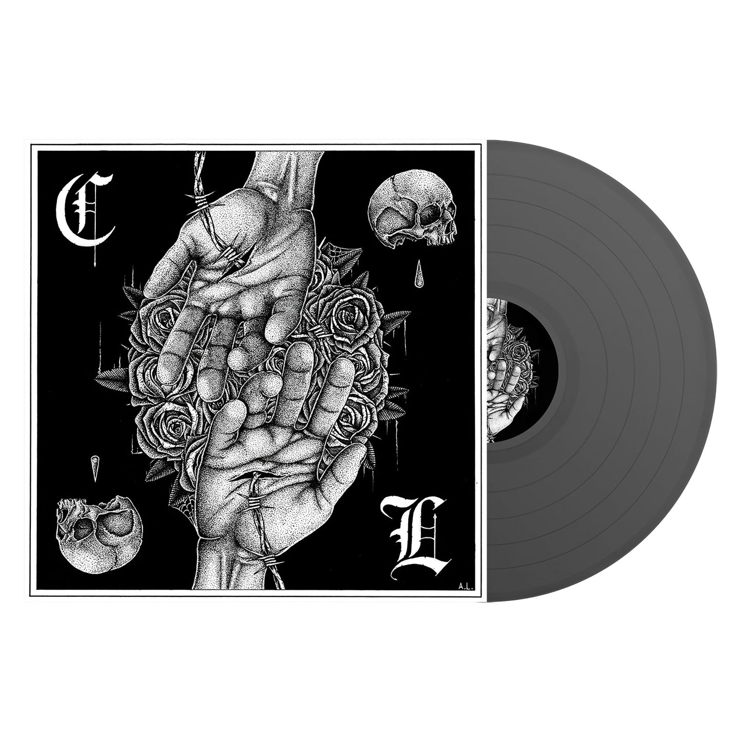 Vinyl record with black and white illustration of hands, roses, and skulls.