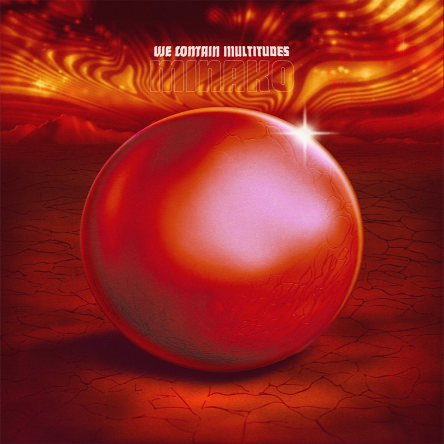 Red sphere with textured surface against a fiery, cracked landscape.