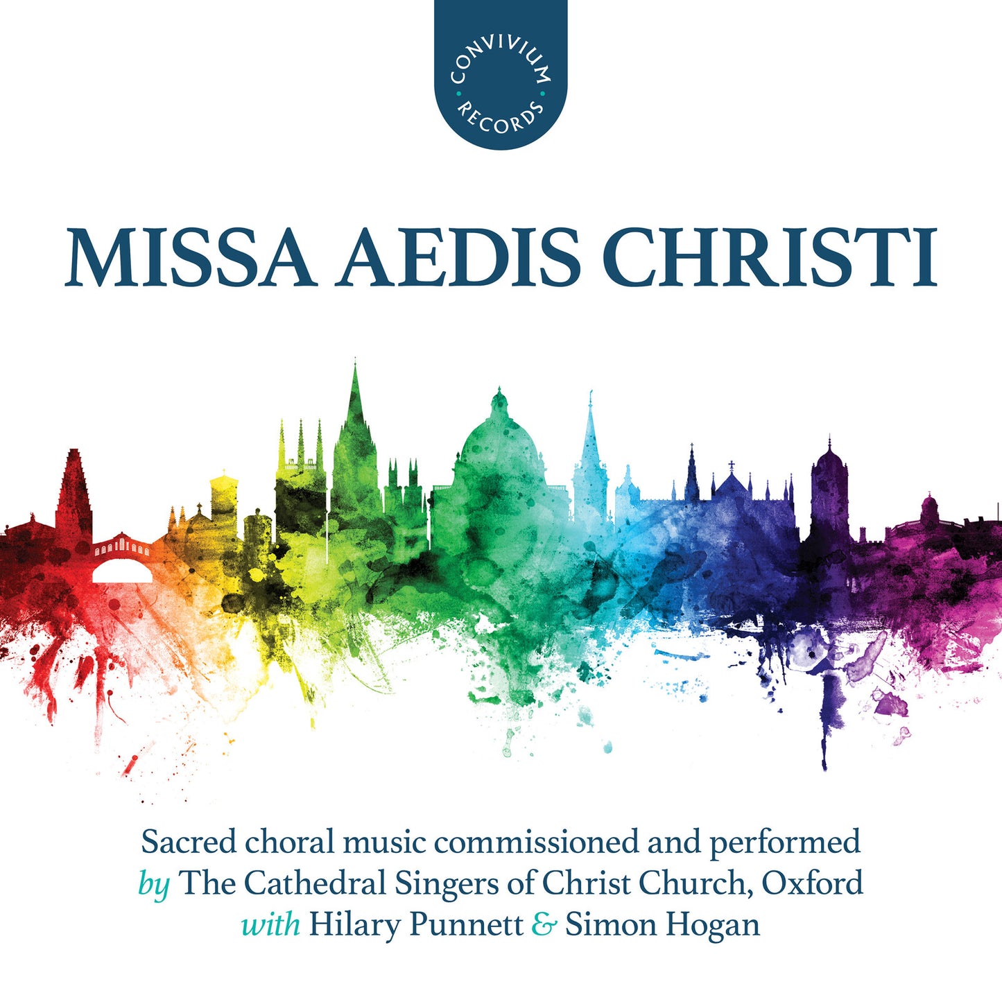 CD cover featuring a colorful watercolor skyline silhouette and the text Missa Aedis Christi.
