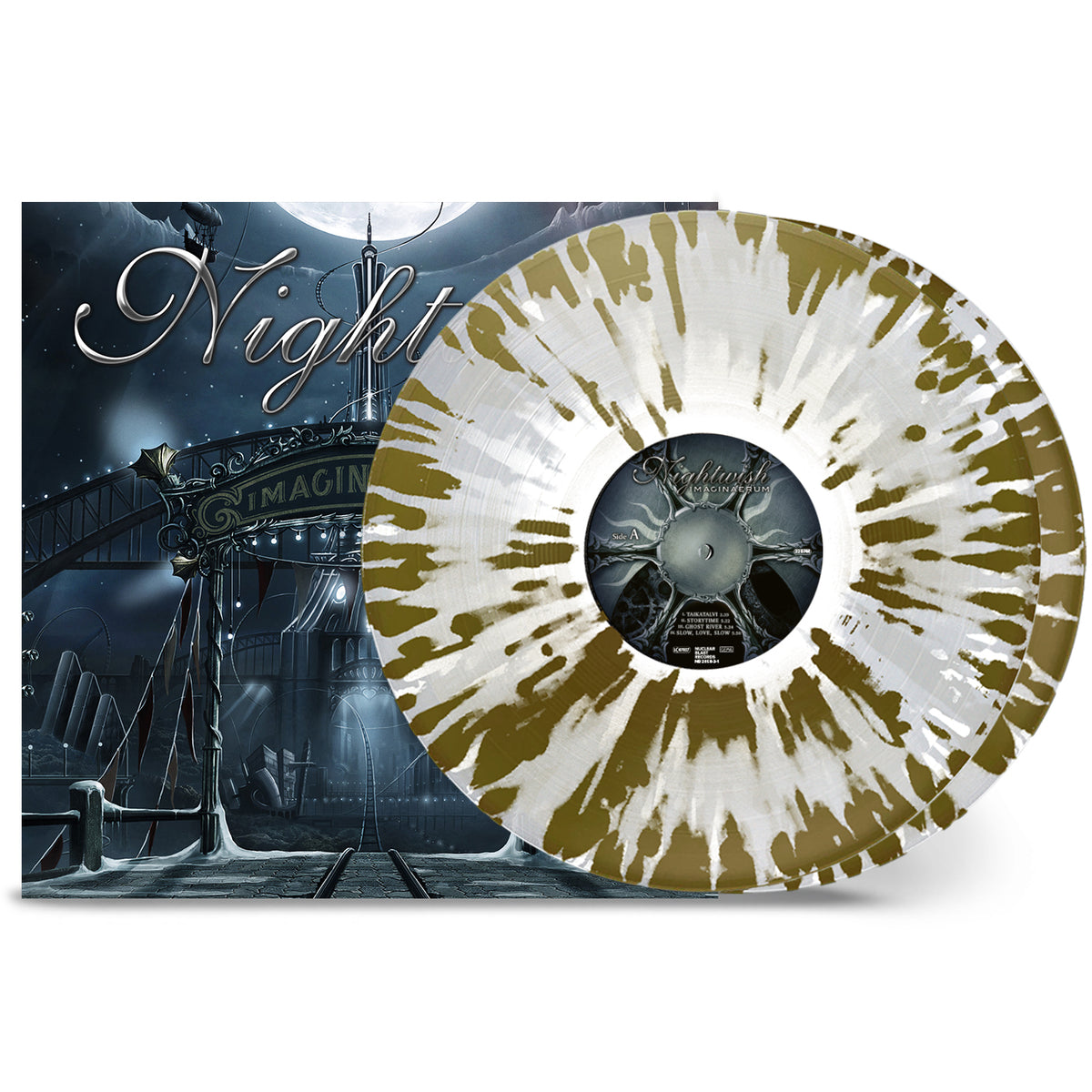 Nightwish "Imaginarium" vinyl record with swirling gold and white coloring.