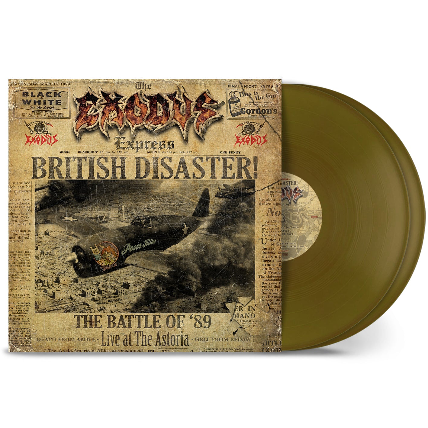 Vinyl record with a distressed newspaper collage cover titled “Exodus - British Disaster.”