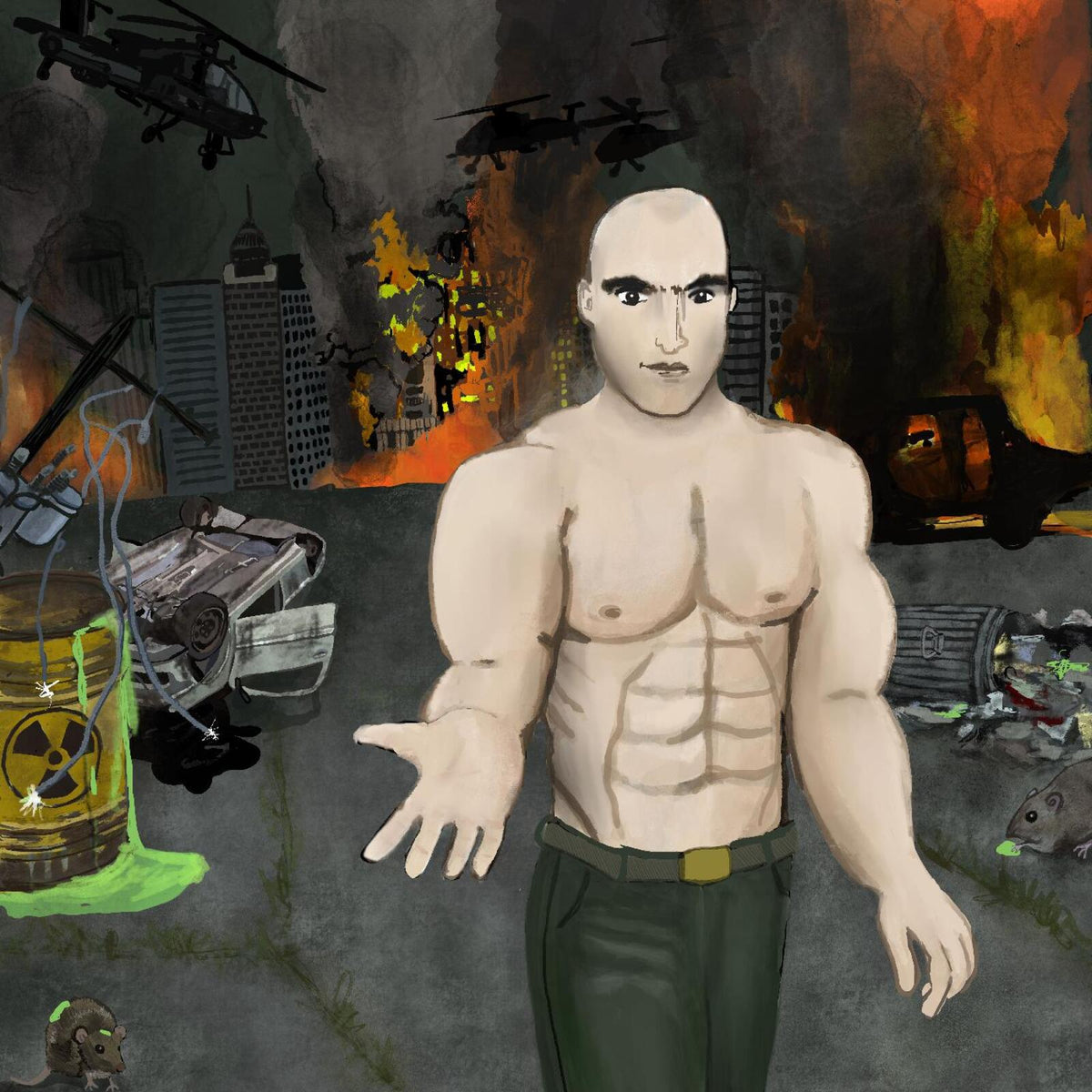 Album cover: muscular man in a post-apocalyptic, fiery cityscape.