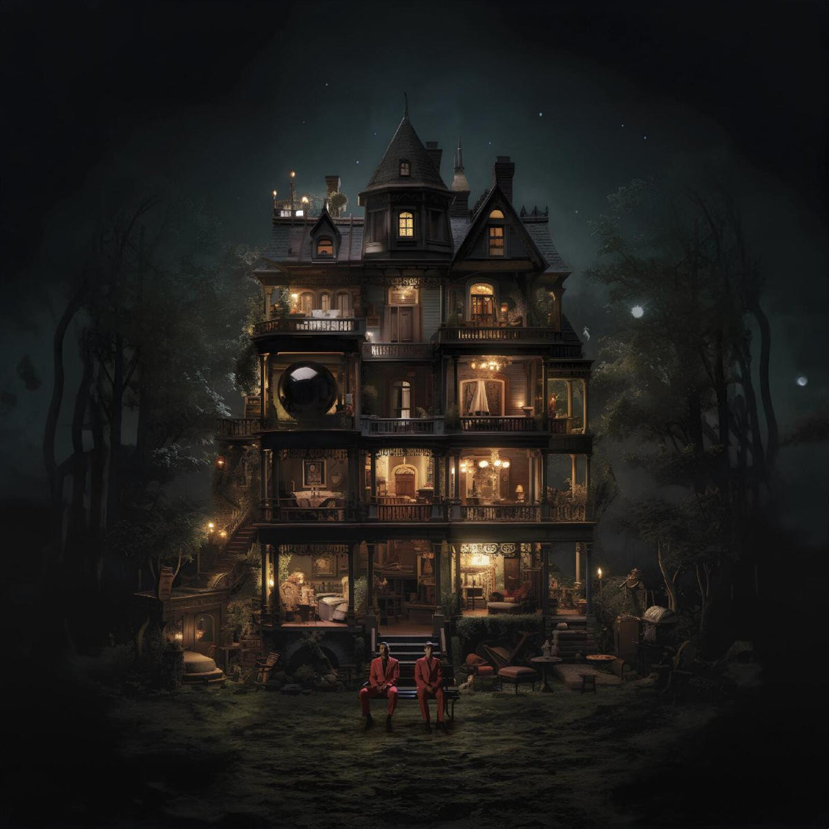 Illuminated, detailed dollhouse-style mansion at night with two figures below.