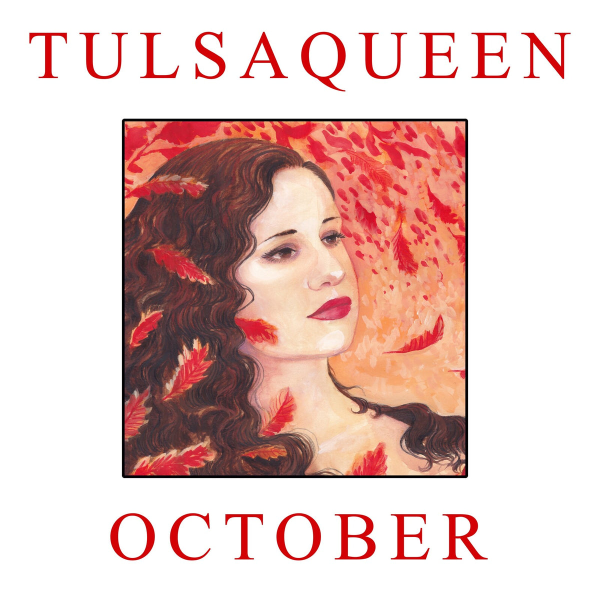 Painting of a woman with long curly hair surrounded by red leaves.