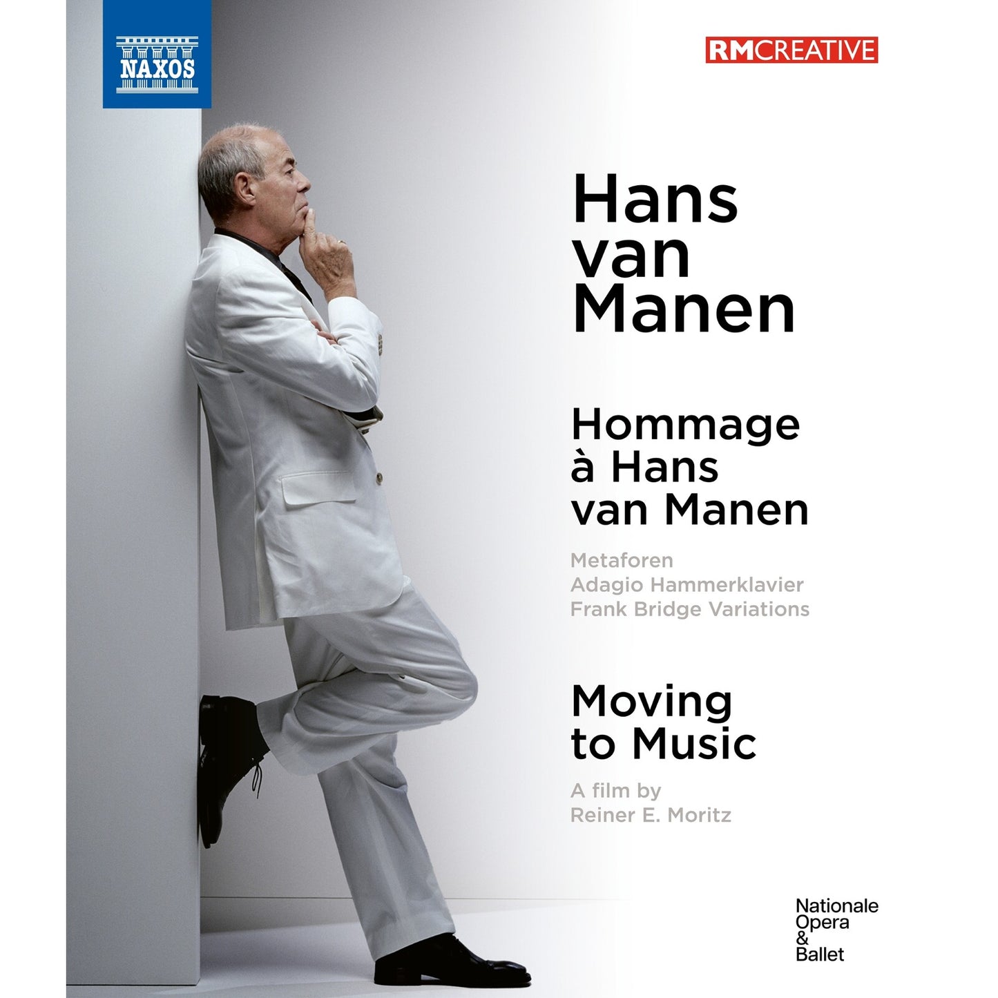 Blu-ray cover featuring Hans van Manen in a white suit, mid-stride.
