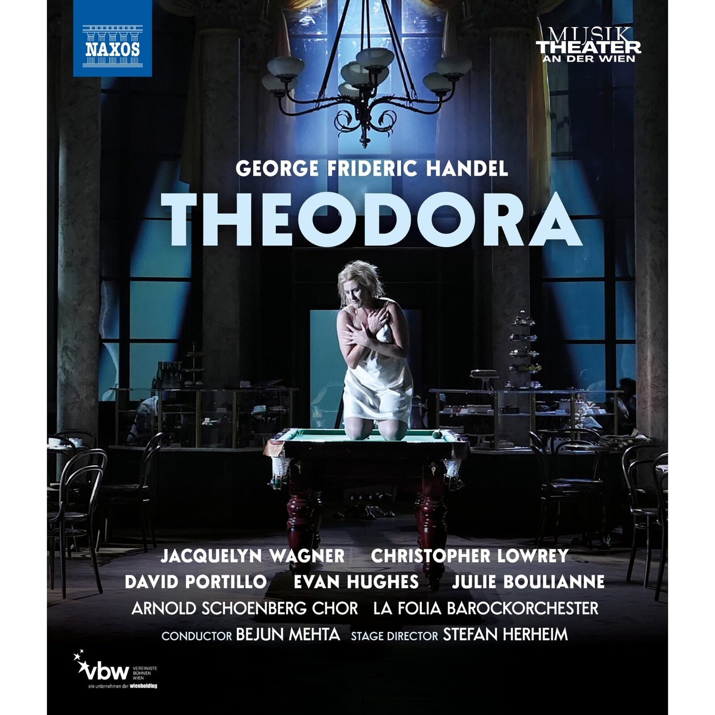 Blu-ray cover for Handel’s “Theodora” opera, featuring a theatrical scene.