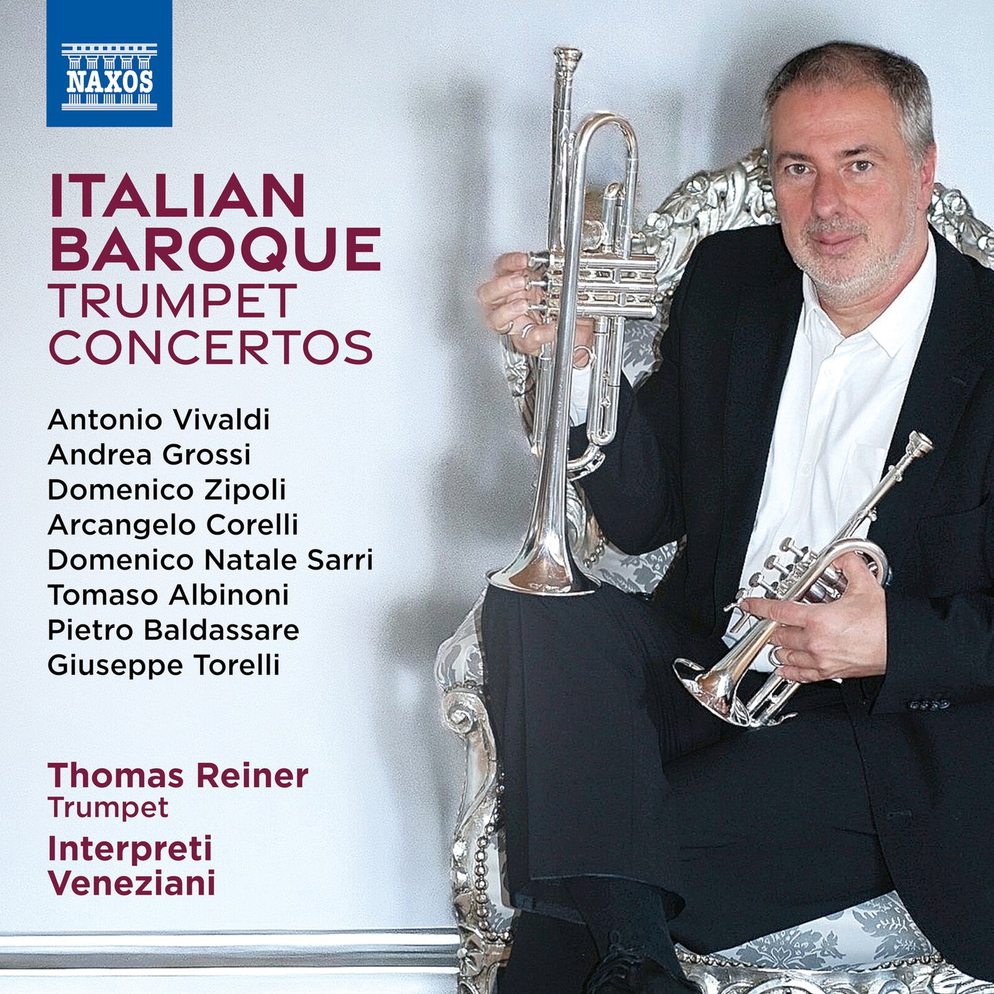 CD cover featuring a trumpeter and ornate baroque trumpet, text details composers.